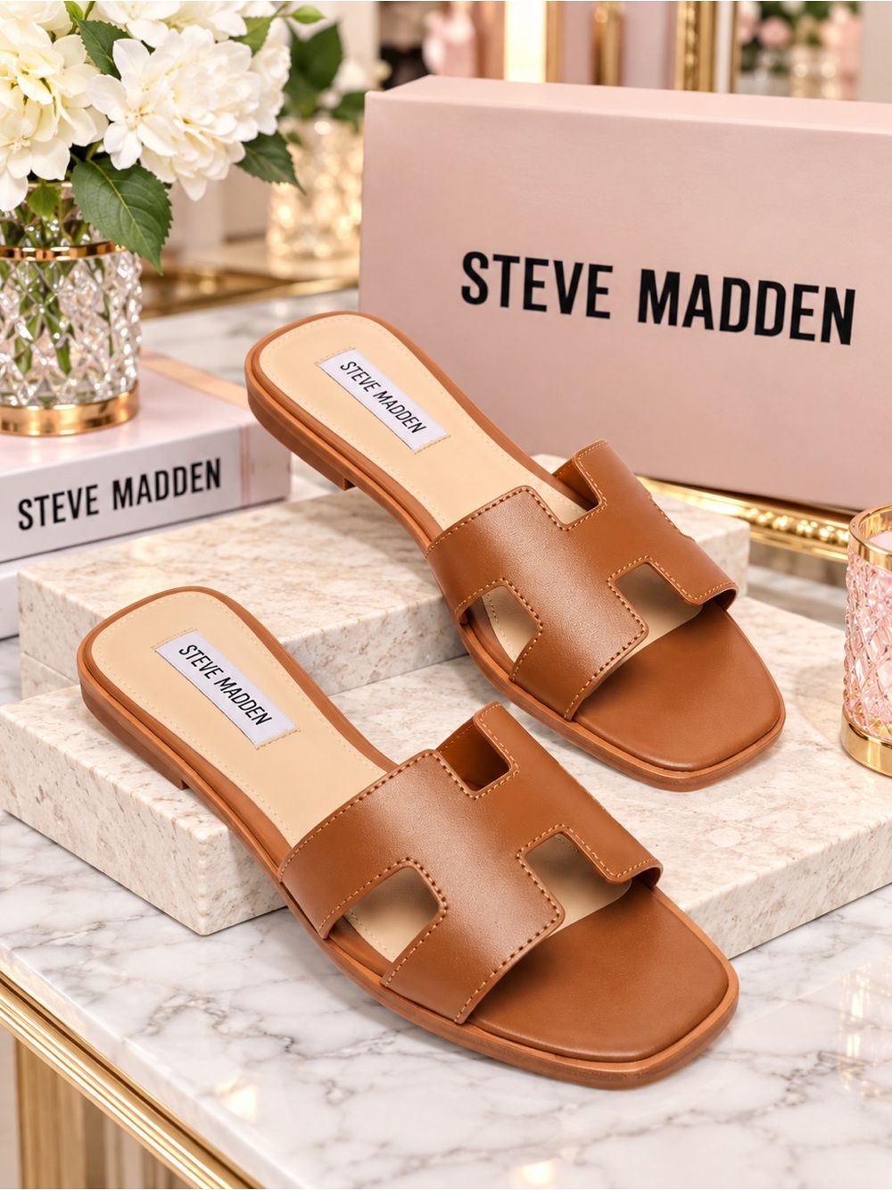 Steve Madden HADYN Cognac Leather Slides — Size 7 NIB